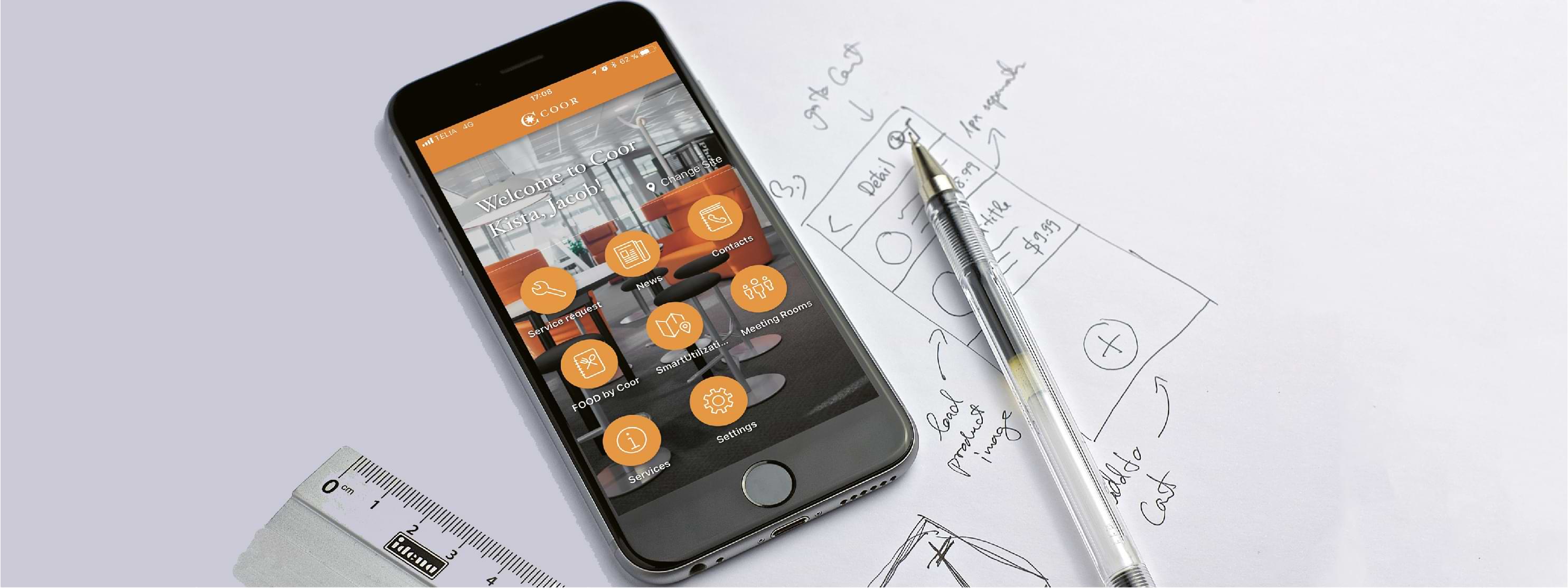 Smartphone, der viser Coor My Workplace-appen | Coor